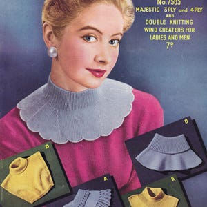 May include: A vintage knitting pattern for a double knit turtleneck collar. The pattern is called "Sirdar No. 7583 Majestic 3 Ply and 4 Ply" and includes five different collar styles. The pattern is for ladies and men and costs 7 pence.