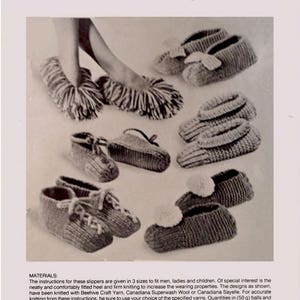 May include: A knitting pattern for Speedy Slippers by Beehive. The pattern includes instructions for three sizes: men, ladies, and children. The pattern is free and includes a list of materials and quantities needed for each size.