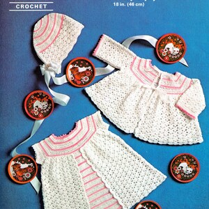 May include: A vintage crochet pattern for a baby bonnet, cardigan, and dress in white with pink detailing. The pattern is for 46 cm baby clothes. The image includes decorative round plates with animal illustrations and the text "PATONS Limelight".