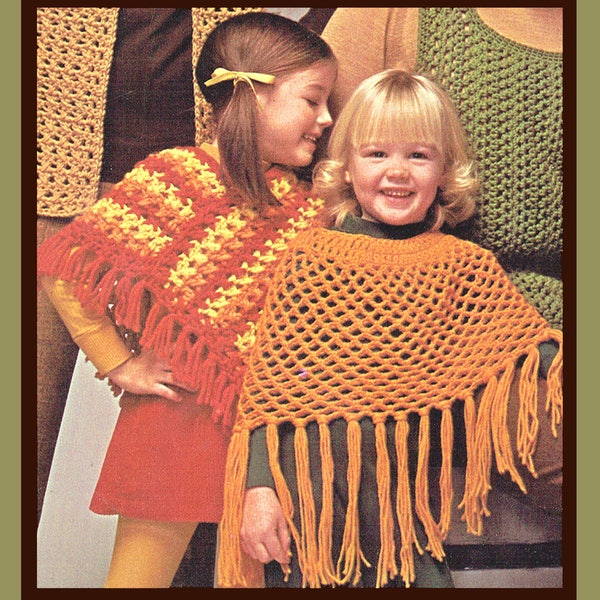 Pdf Vintage Girl Crochet Pattern Poncho Shawl Children Cape Fringing Boho EASY 1970s Groovy Toddler Lace & Stripe Folk Rustic Shabby Chic