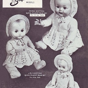 May include: A vintage knitting pattern booklet for Shepherd Wools featuring three dolls wearing knitted outfits. The booklet includes instructions for double knitting, 4-ply knitting, and 3-ply knitting quick-to-knit pram sets for dolls of different sizes.