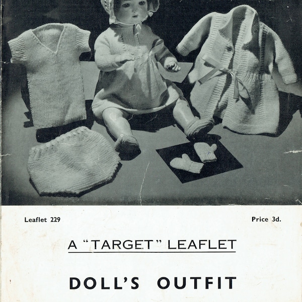 PDF Vintage Doll Clothes Knitting Pattern 1930s Lee Target 229 Layette Dress Matinee Underwear Halo Bonnet RARE