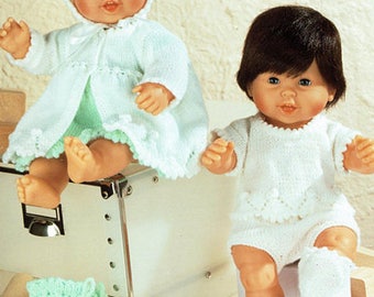 PDF Doll Clothes Premature Baby Knitting Pattern Reborn Tiny Tears ARAN Romper style Dress Matinee Bonnet Shorts Pram Set Lacy Christening
