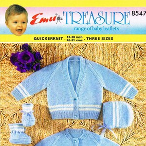 May include: A blue knitted baby cardigan with white trim, a matching hat, and booties. The cardigan has a button closure and is 18-20 inches (46-51 cm) in size.