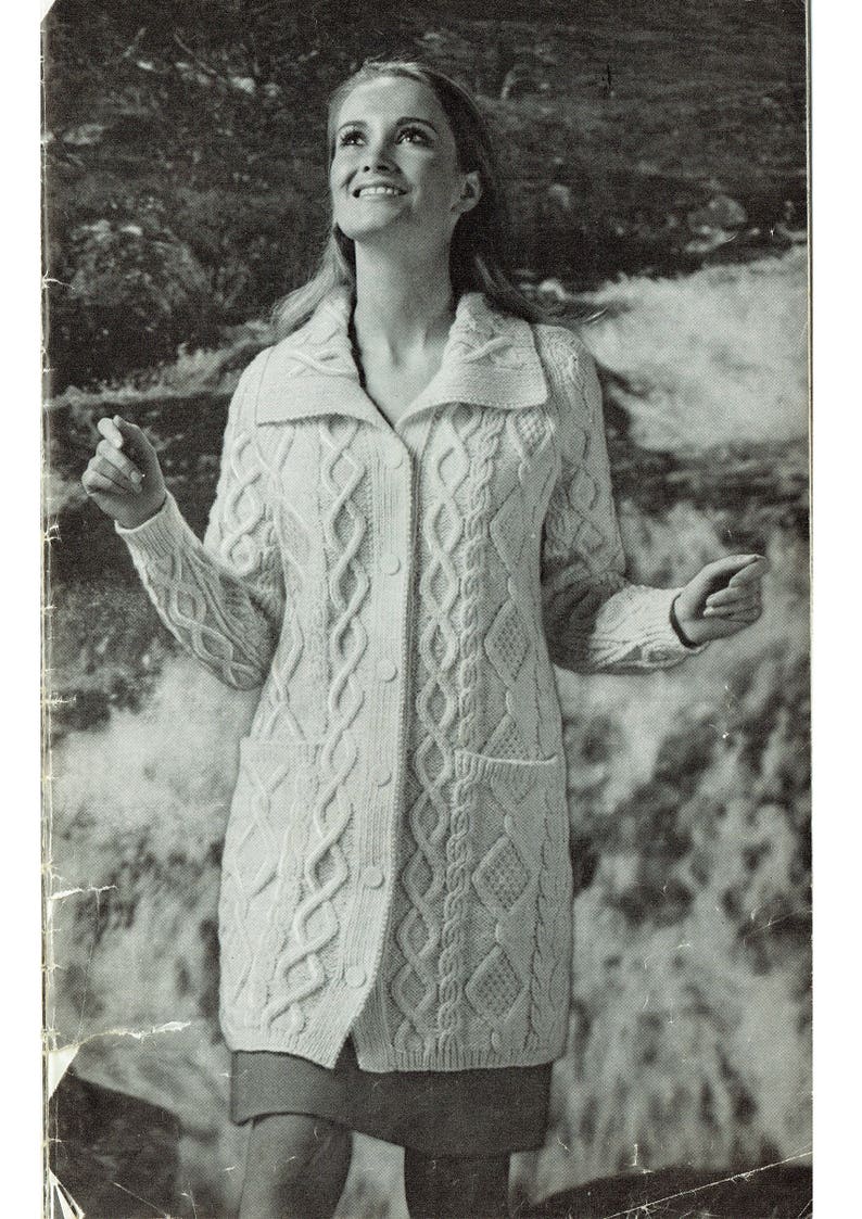 Pdf Vintage Womens Ladies Aran Coat Knitting Pattern 1960s