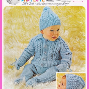 Puede incluir: Un bebé con un conjunto de punto azul claro, que incluye gorro, suéter, manoplas y pantalón. El conjunto tiene un diseño de punto trenzado y se abrocha con botones. También se ve el texto "BABY LOVE".