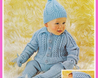 PDF Vintage Baby ARAN Knitting Pattern Lister Lee Baby LovePram Set Matinee, Pull Ups, Leggings, Bonnet & Bobble Hat, Doll, Horseshoe Cable
