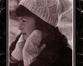 PDF Vintage Girls ARAN Hat & Gloves Knitting Pattern Tassel Cap Mittens Winter Set Snuggly Retro Mod Baby Doll Skater