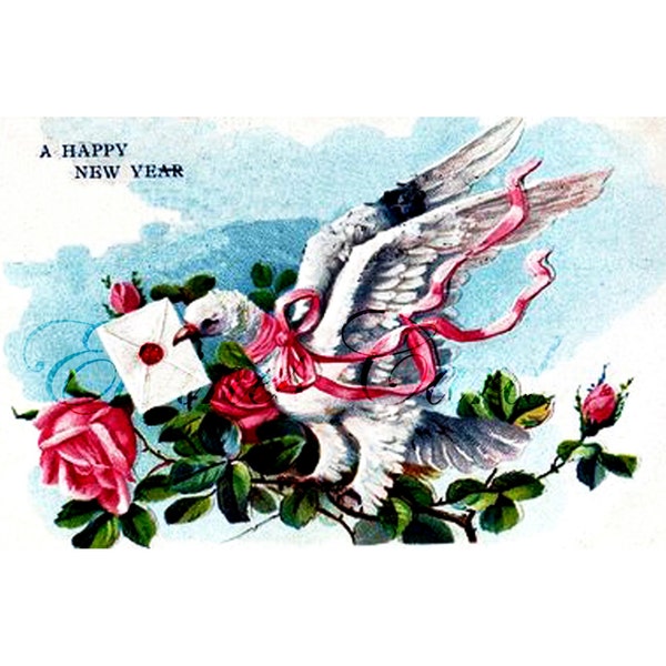 Digital Art CHRISTMAS Victorian Happy New Year Dove for Collage, Scrapbooking, Christmas Cards, Vintage Decorating, Ephemera