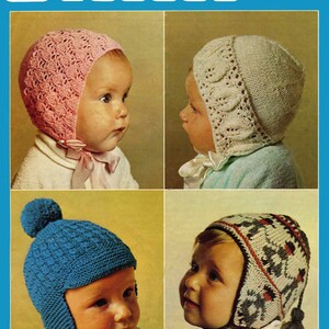 May include: Four different baby hats in various colors and styles. The hats are knitted and have ear flaps. The hats are shown on babies. The image includes the text "PATONS 1238 PRICE B CODE D.K.&4ply".