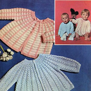 May include: A vintage knitting pattern for a baby cardigan. The pattern is for a cardigan with a button closure and a ribbed collar. The pattern is for a size 18-19 inch chest. The pattern is from Patons Quickerknit BabyWool and is number 6042.