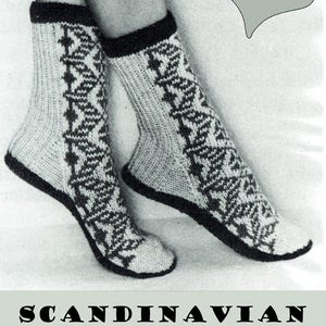 May include: Black and white knitted slipper socks with a geometric pattern. The socks are shown on a pair of legs. The text "SCANDINAVIAN SLIPPER-SOCKS" is at the bottom of the image.