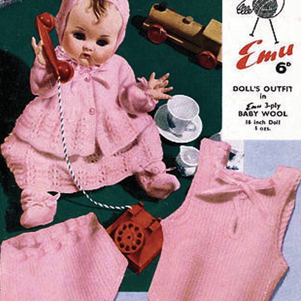 PDF Vintage 1950s Doll Clothes Knitting Pattern Premature Baby Dress EMU 651 Pretty EASY Vest Pilch Matinee Pram Set Lacy Old-Fashioned