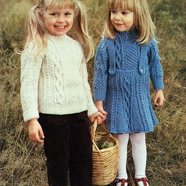 PDF Vintage niña niño Pinafore vestido patrón de punto ARAN Early Sunbeam 450 Jumper falda niños Mod Boho rústico país