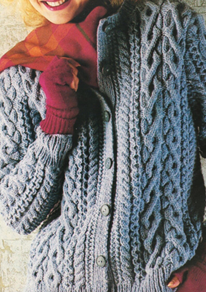 PDF Vintage Pretty Womens Ladies BLUE Knitting Pattern ARAN Jacket Cardigan 1980s Robin Interlocking Cables Winter Snuggly Classic Retro