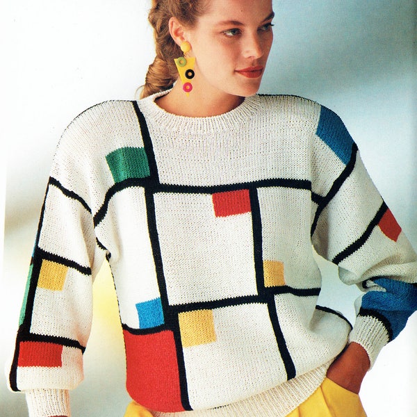 PDF Womens Ladies Mondrian Knitting Pattern Artist Abstract Graphic Sweater Jumper Drop Shoulder City Chic Power Dressing