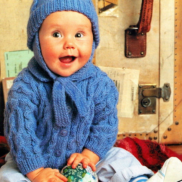 PDF Baby Boy Blue Aran Knitting Pattern Pram Set Cardigan & Pixie Hood Helmet Bobble Hat Aviator Cute Classic Cottage Chic  Pretty