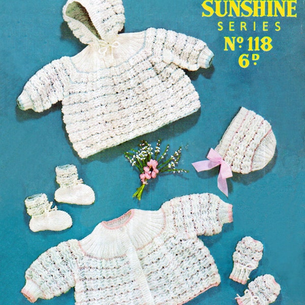 PDF Vintage Baby Knitting Pattern Sirdar 118 Sunshine Series Heirloom 1950s Lacy Layette Matinee Kitsch, Victoriana, Matinee, Christening