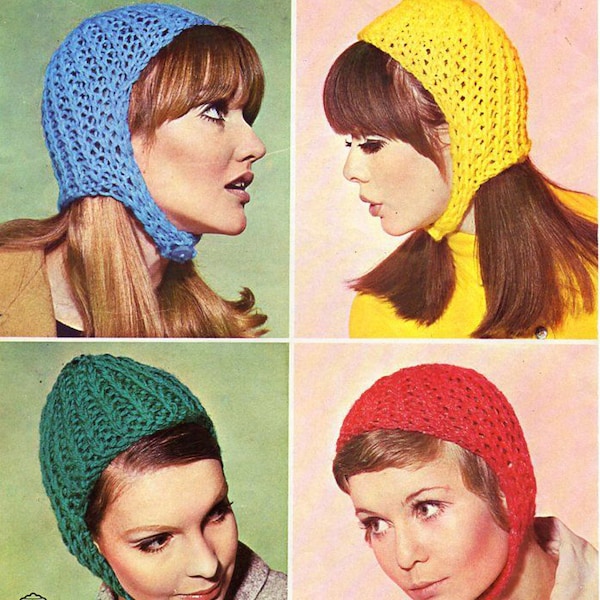 Pdf Vintage Ladies Hat Helmet Knitting Pattern 1960s Patons 9893 HEAD HUGGERS Bonnet EASY Cap, Kitsch, Mod, Go Go, Carnaby Street, Groovy