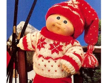 Vintage 'Cabbage Patch Kids' poppenkleding breipatroon, sneeuwvlokset, skipak, vintage, intarsia, modern, andere poppen, preemie, PDF