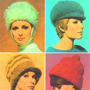 May include: A vintage knitting pattern booklet featuring four different hat designs. The booklet cover features the text "Patons Hats with the Fur Look 9740 9d". Each hat is shown on a model with a different colored background.