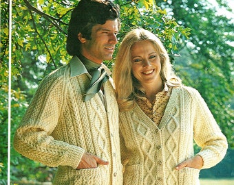 PDF Vintage 1970s Womens Ladies ARAN Cardigans Knitting Pattern Larger Sizes His and Hers Unisex Mens Mod Country Rustic St Johns Wools 399