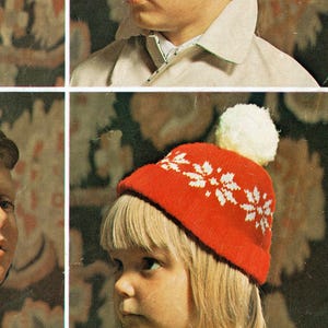 PDF Vintage Kids Childrens Balaclava Hats Knitting Pattern Helmet Robin 1600 Bobble Scandinavian Snowflake 1970s Teenager Winter image 3