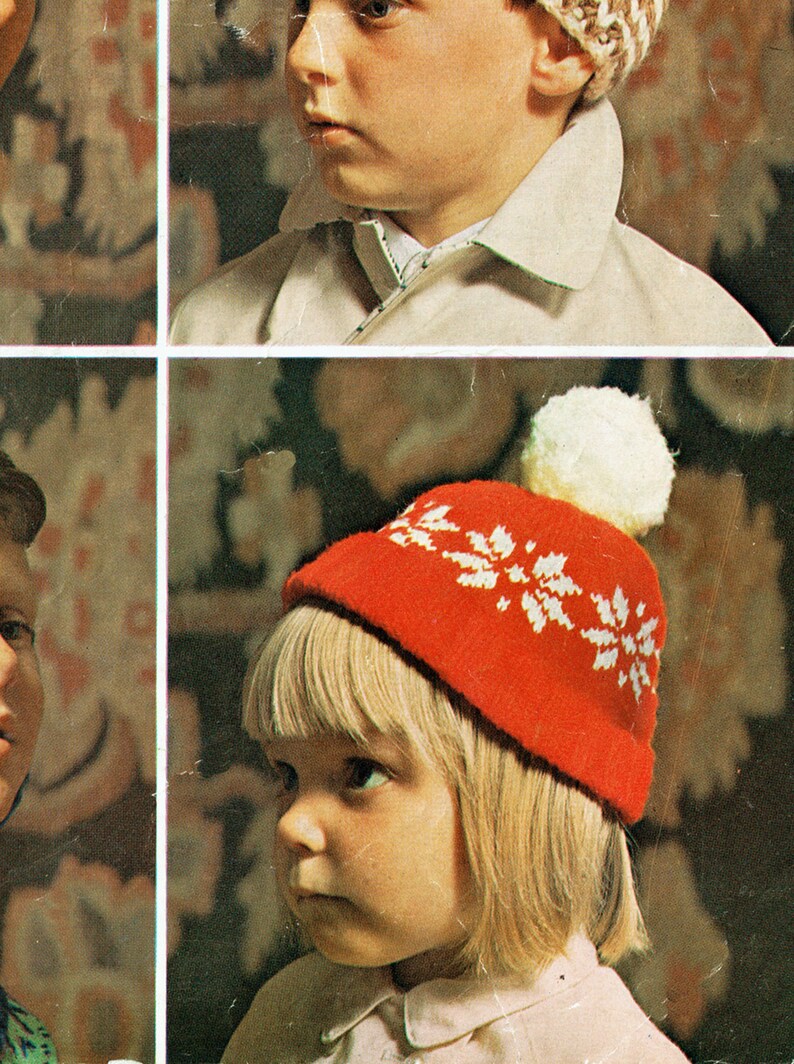 PDF Vintage Kids Childrens Balaclava Hats Knitting Pattern Helmet Robin 1600 Bobble Scandinavian Snowflake 1970s Teenager Winter image 3