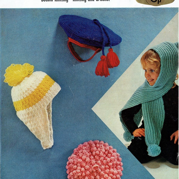 PDF Vintage Baby Kids Hat Knitting & Crochet Pattern Sailor Beret Helmet Scarf Nautical Children Robin 1968 Tassel Retro 1950s vibe