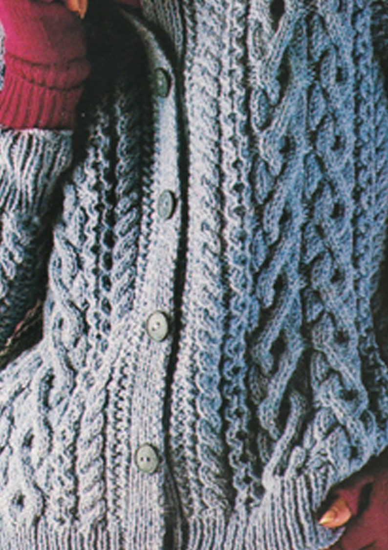 PDF Vintage Pretty Womens Ladies BLUE Knitting Pattern ARAN Jacket Cardigan 1980s Robin Interlocking Cables Winter Snuggly Classic Retro