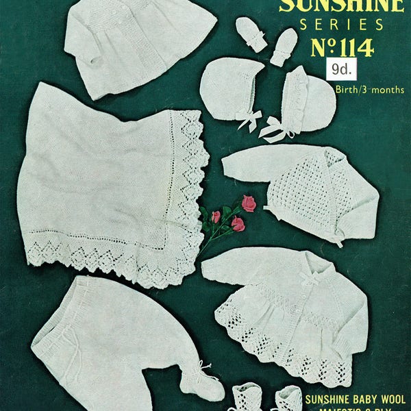 PDF Vintage Baby Knitting Pattern Christening Layette Sirdar 114 Sunshine Series Blanket Matinee Bonnet Heirloom Victorian Lacy