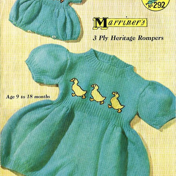 PDF Vintage 1940s Baby & Doll Clothes Knitting Pattern Romper Sailor Onesie Sun Play Suit Baby Gro DUCK Bird Motif Marriner 292 Summer