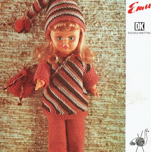 May include: A knitting pattern for a doll outfit, featuring a striped hat, sweater, and pants. The pattern is called "Emu" and is for double knitting. The pattern includes a diagram of an emu with yarn and knitting needles.