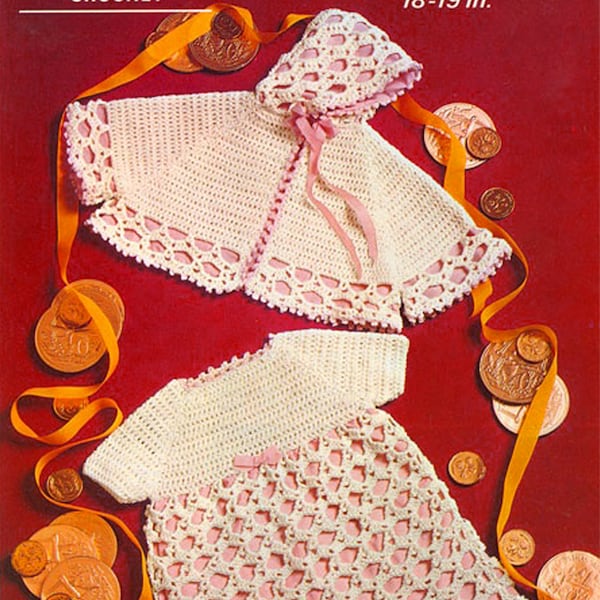 PDF Vintage Baby Crochet Pattern Patons 6293 Dress Cape Cloak Coat Baby Doll Lacy Pixie Hood
