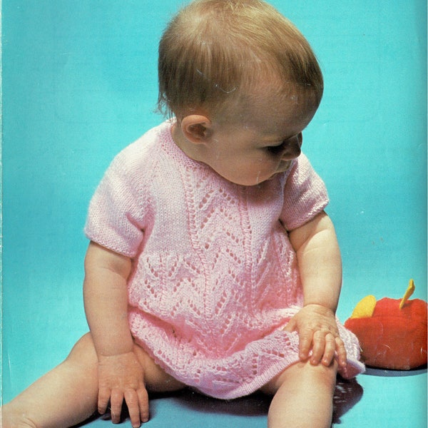 PDF Vintage Pretty Baby Girl Lacy Angel Dress Knitting Pattern, Patons 7018 Fairytale Princess Pink  Yoke Baby Doll Cute