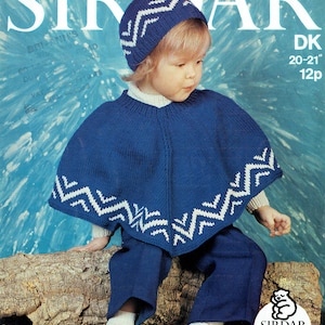 PDF Vintage Baby Poncho Knitting Pattern Cape Mexican Cow Boy Folk Hat Polo Neck Toddler Sirdar 3256 Boho Hippy Groovy Festival Aztec