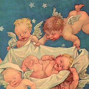 Digital Art CHRISTMAS Victorian Cherubs in the Sky Scene, for Collage, Scrapbooking, Christmas Cards, Vintage Decorating, Ephemer