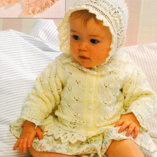 PDF Baby Girl Pram Set Knitting Pattern Christening Summer Frilly Lace Cardigan & Bonnet Fairytale Toddler Children Doll Heirloom Cute