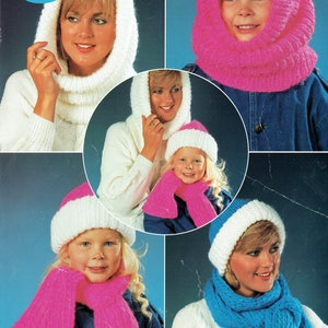 May include: A knitting pattern booklet featuring four different designs for hats and scarves. The designs include a white hooded scarf, a pink hooded scarf, a white hat with a pink scarf, and a white hat with a blue scarf.