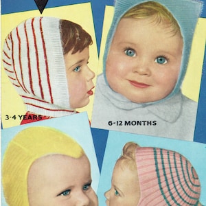 May include: A set of four baby hats in different colors and patterns. The hats are made of angora yarn and are available in sizes for babies from 6 months to 4 years old. The hats are labeled with the size and age range. The text on the card reads "6 Months to 4 Years 1/2 to 1 oz. Angora, oddments of 3 ply" and "Angora Ply 3".