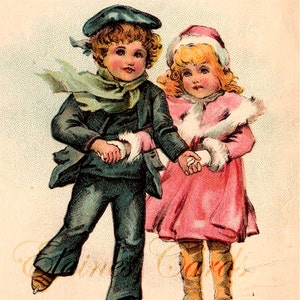 Digital Art CHRISTMAS Victorian Skater Children Greetings Card,  for Collage, Scrapbooking, Christmas Cards, Vintage Decorating, Ephemera