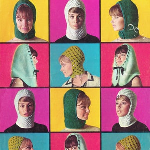 PDF Vintage 1960s Womens Ladies Knitting & Crochet Pattern Hats Helmet Balaclava Bonnet Cap Pixie Hood Patons 9590 MOD Medieval Sex Kitten