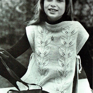 PDF Stickmönster för stickning av Tabard med 'Cascading Leaves'-mönster för flickor, nedsänkt axel, spets, rustik, folklig, medeltida 1970-tals-1920-talsstil