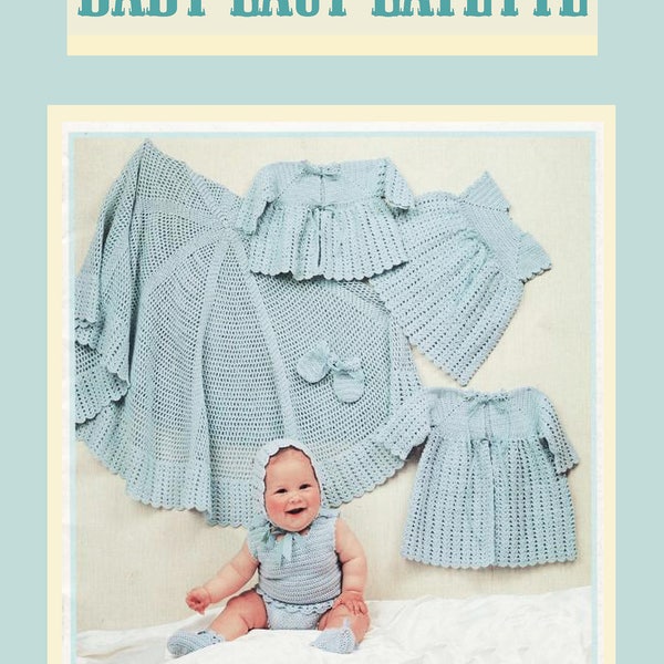 PDF Vintage Baby 'PRETTY-BLUE' Lacy Layette Crochet Pattern, Old-Fashioned Heirloom Matinee Yoke Blanket Dress Bonnet Baby Doll