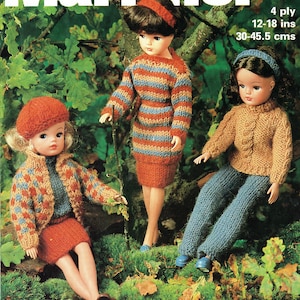 May include: A knitting pattern for a doll outfit. The pattern includes instructions for a striped dress, a cardigan, and a pair of pants. The pattern is for a doll that is 12-18 inches tall. The pattern is from 1987.