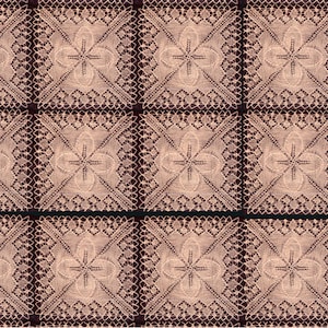 May include: A repeating pattern of beige lace squares with a floral design on a dark brown background.