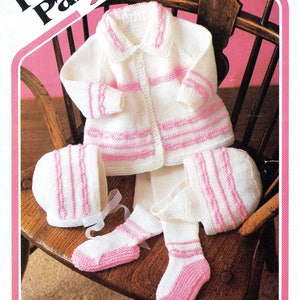 PDF Baby Knitting Pattern Pram Set Matinee Bonnet Pull Ups Helmet Patons P397 PINK & WHITE Candy Cane Yoke Peter Pan Fairytale Pretty