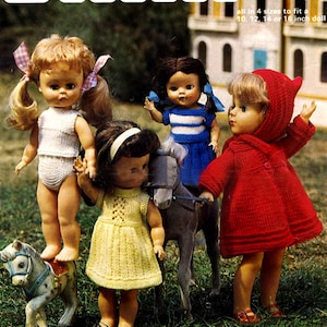 May include: Four dolls wearing knitted clothes, including a red hooded coat, a yellow dress, a blue dress with white stripes, and a white tank top. The dolls are playing with toy horses in a grassy area.