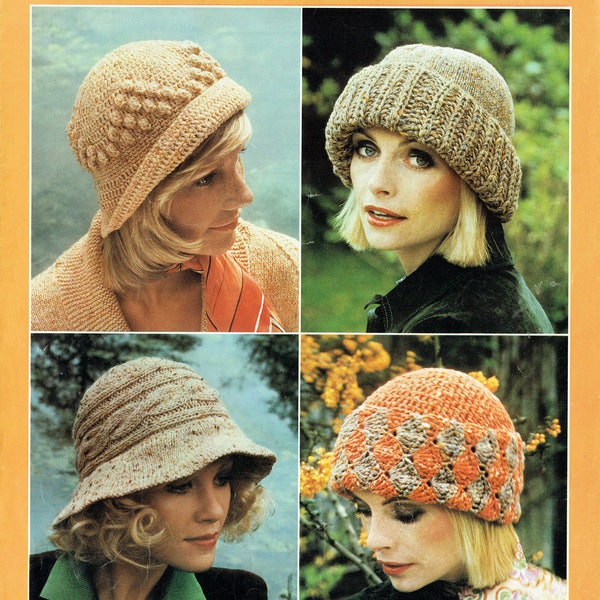 PDF Vintage Womens Ladies Cloche Hat Knitting and Crochet Pattern 1970s Patons 1065 Cable Floppy Retro Winter  4 Boho Classic Beanie EASY