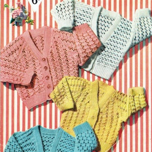 May include: Vintage advertisement featuring four knitted cardigans in pink, white, yellow, and blue. The cardigans have a V-neck and button closure. The advertisement includes text for "RAGLAN & BATWING CARDIGANS" and "BESTWAY KNITWEAR".